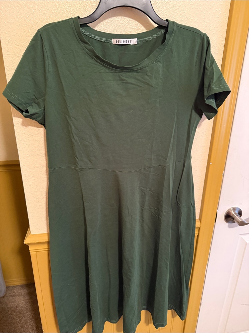 HUHOT Dk Olive Green Short Sleeve Fit-and-Flare Dress